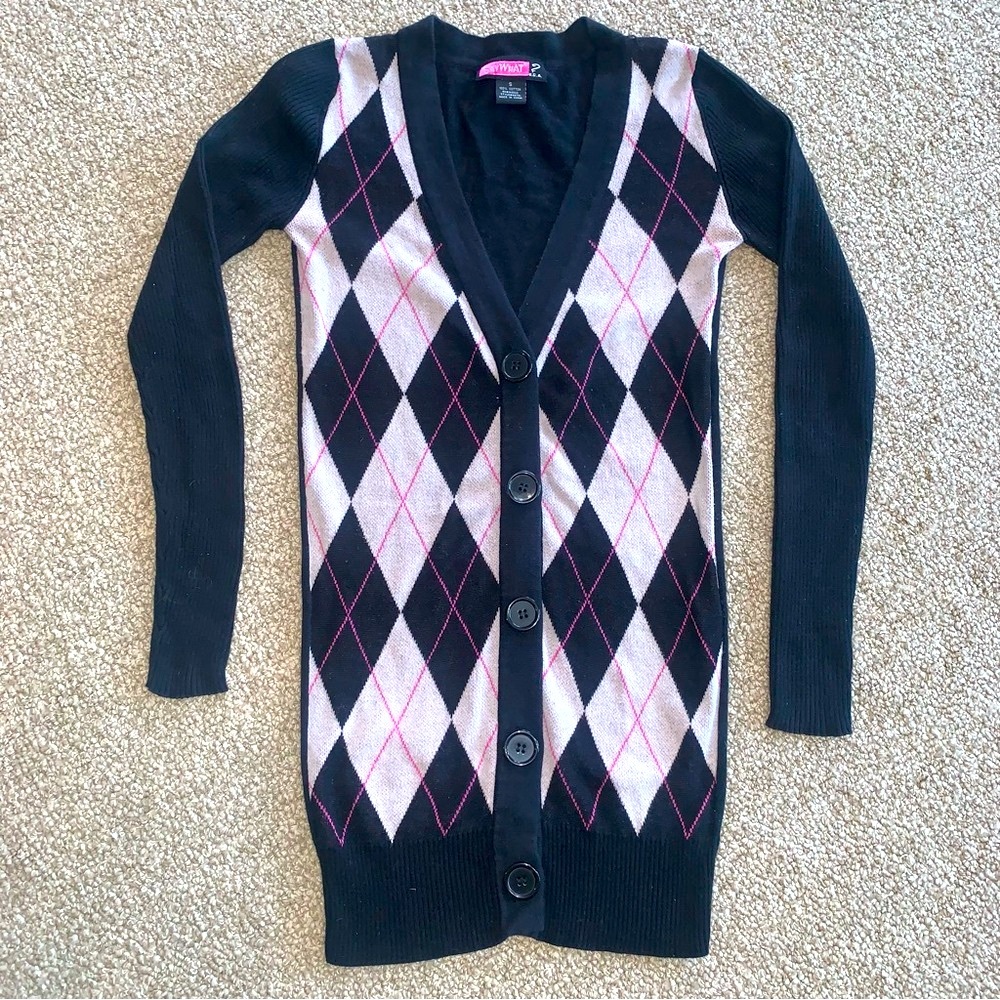 Say What? Vintage 90s Y2K Argyle  Black Tan Long Cardigan V Neck Sweater S